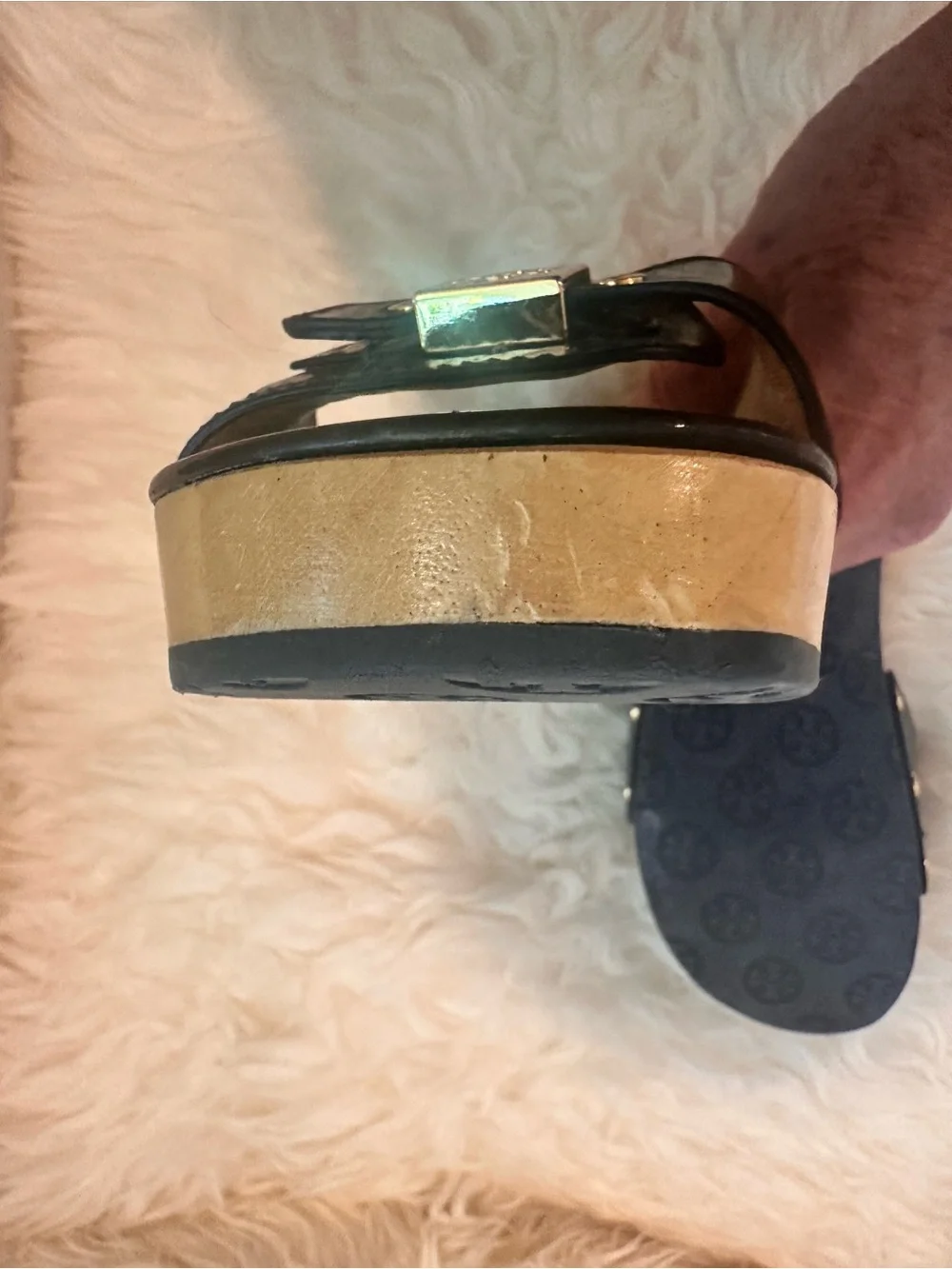 Tory Burch Navy and Green Platform Slide Sandals by Tory Burch